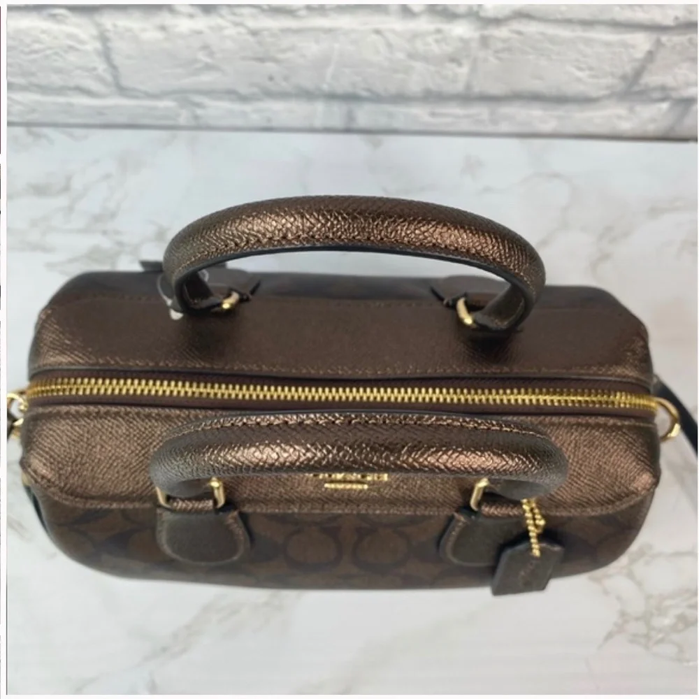Coach Brown Signature Canvas Satchel with Leopard Accent